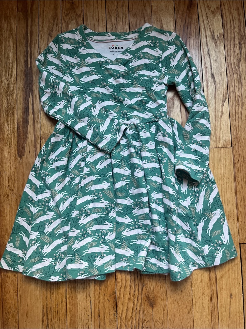 Boden Green Long-Sleeve Bunny Print Dress